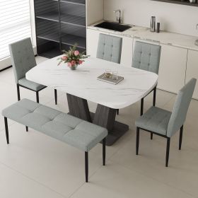 63" Modern Style 6-piece Dining Table with 4 Chairs & 1 Bench, Table with Marbled Veneers Tabletop and V-shaped Table Legs (White)