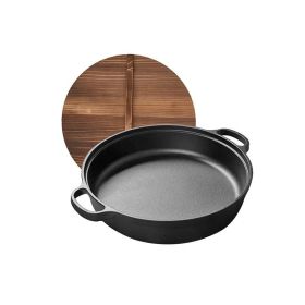 Uncoated Frying Pan with Dual Handles and Wooden Lid(AMZ Shipping) (Color: Black, Pan Diameter: 13inch)