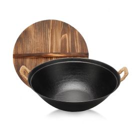 Cast Iron Wok Pan with Dual Handle and Wooden Lid(AMZ Shipping) (Color: Black, Pan Diameter: 14.2inch)