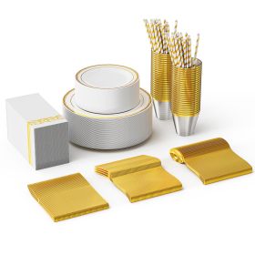 Set Of 50 Flat Plastic Round Gold Disposable Cutlery Containing Large And Small Plates, Cups, Cutlery, Paper Towels, Straws (Option: Disposable cutlery)